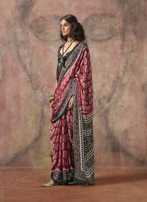 Red ajrakh print satin georgette sarees 2