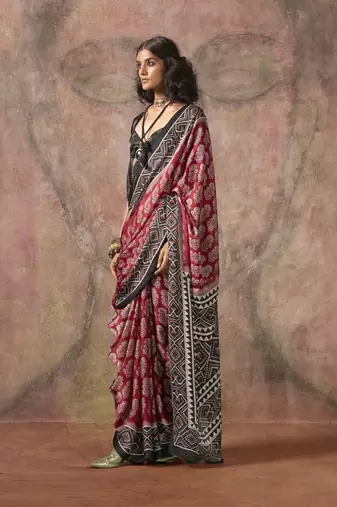 Red ajrakh print satin georgette sarees