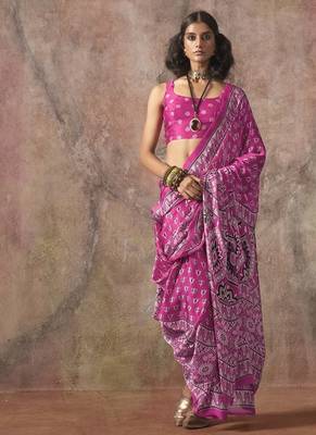 Rani pink ajrakh print satin georgette sarees 1