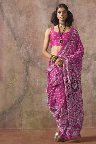 Rani pink ajrakh print satin georgette sarees