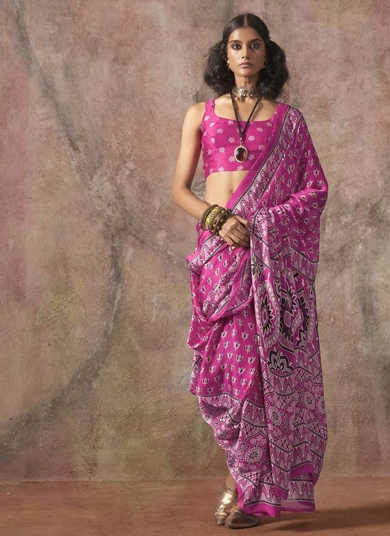Rani pink ajrakh print satin georgette sarees