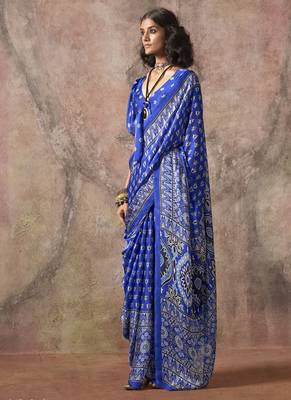 Royal blue ajrakh print satin georgette sarees 2