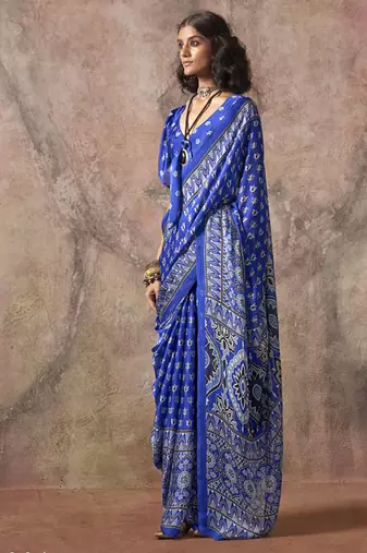 Royal blue ajrakh print satin georgette sarees
