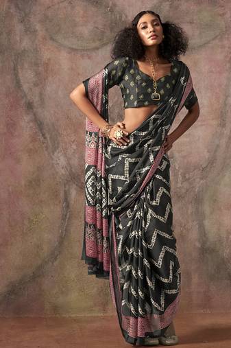 Black ajrakh print satin georgette sarees