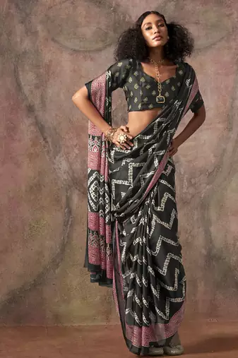 Black ajrakh print satin georgette sarees