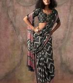 Black ajrakh print satin georgette sarees