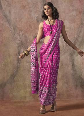 Rani pink ajrakh print satin georgette sarees 2
