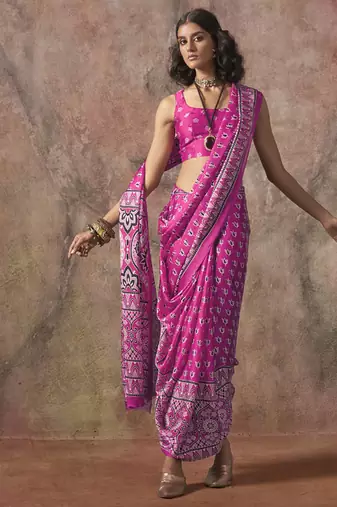 Rani pink ajrakh print satin georgette sarees