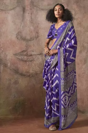 Purple ajrakh print satin georgette sarees