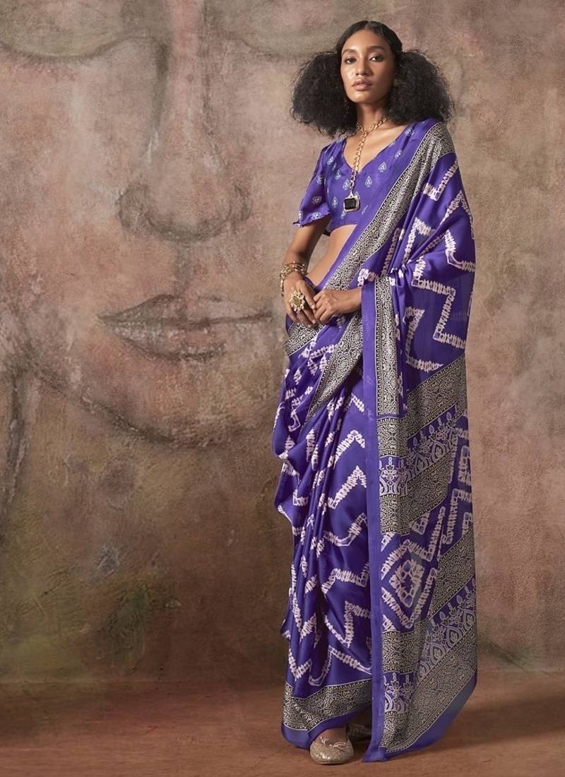 Purple ajrakh print satin georgette sarees