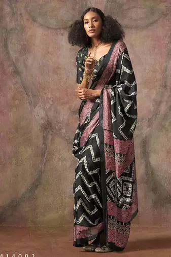 Black ajrakh print satin georgette sarees