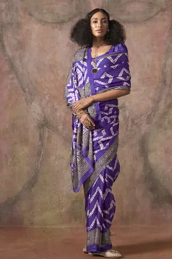 Purple ajrakh print satin georgette sarees
