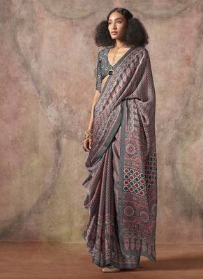 Gray ajrakh print satin georgette sarees 1