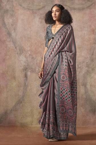 Gray ajrakh print satin georgette sarees