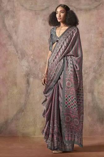 Gray ajrakh print satin georgette sarees