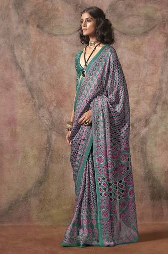 Turquoise ajrakh print satin georgette sarees