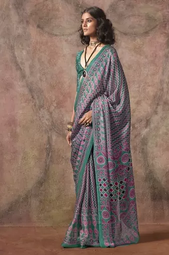Turquoise ajrakh print satin georgette sarees