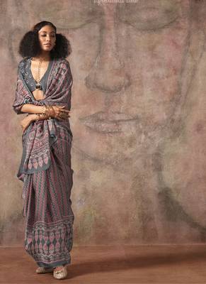Gray ajrakh print satin georgette sarees 2