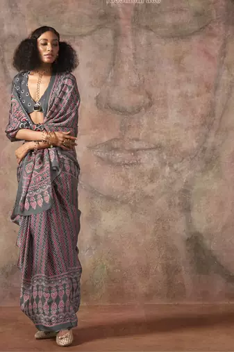 Gray ajrakh print satin georgette sarees