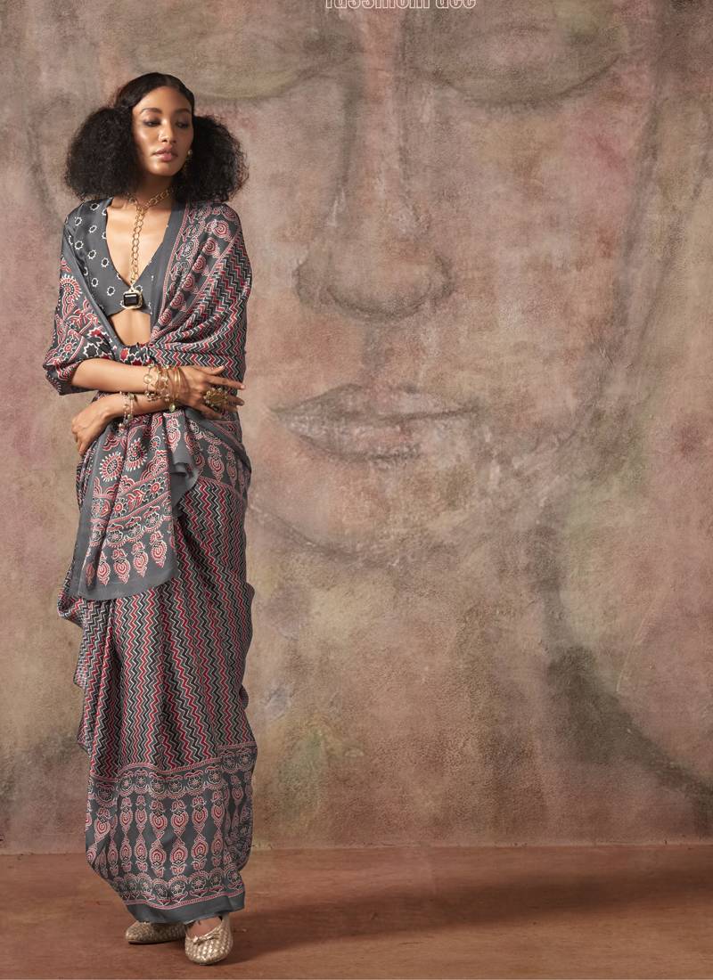 Gray ajrakh print satin georgette sarees