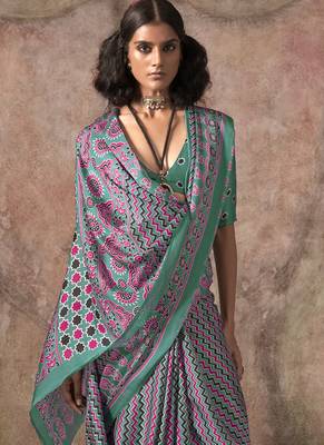 Turquoise ajrakh print satin georgette sarees 2