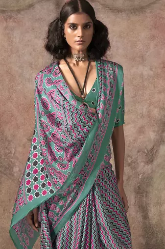 Turquoise ajrakh print satin georgette sarees