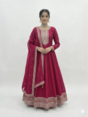 Maroon Color Vichitra Silk Embroidery Work Gown 1
