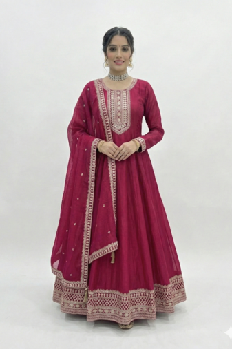 Maroon Color Vichitra Silk Embroidery Work Gown 