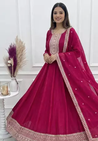 Maroon Color Vichitra Silk Embroidery Work Gown