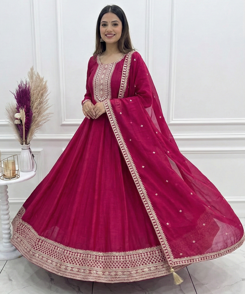 Maroon Color Vichitra Silk Embroidery Work Gown 