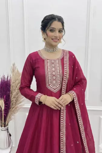 Maroon Color Vichitra Silk Embroidery Work Gown