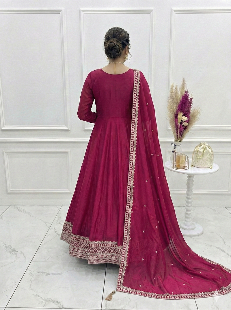 Maroon Color Vichitra Silk Embroidery Work Gown 