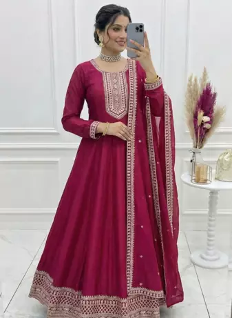 Maroon Color Vichitra Silk Embroidery Work Gown