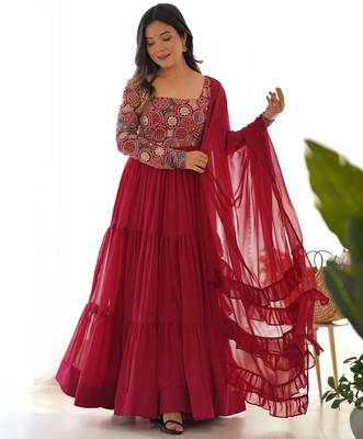 Maroon Color Faux Georgette Embroidery Work Gown 1