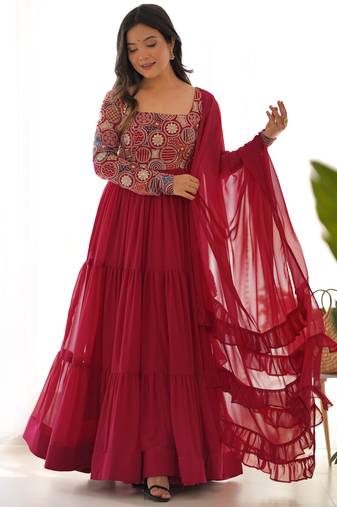 Maroon Color Faux Georgette Embroidery Work Gown 