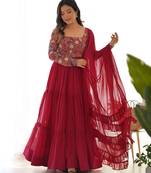 Maroon Color Faux Georgette Embroidery Work Gown 