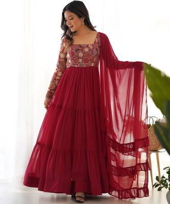 Maroon Color Faux Georgette Embroidery Work Gown 2