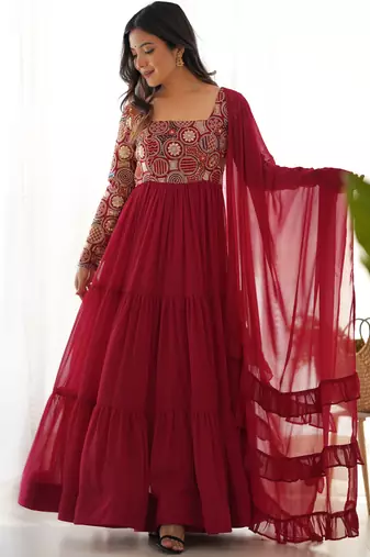 Maroon Color Faux Georgette Embroidery Work Gown
