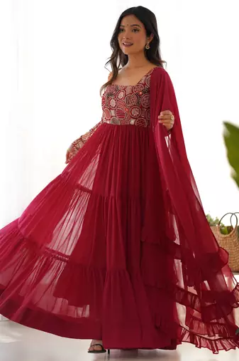 Maroon Color Faux Georgette Embroidery Work Gown