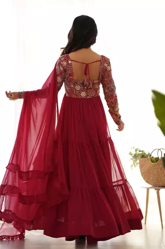 Maroon Color Faux Georgette Embroidery Work Gown