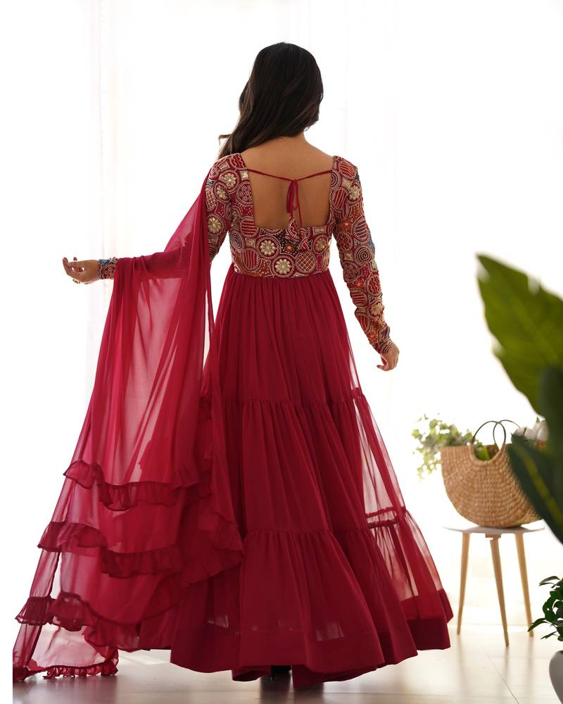 Maroon Color Faux Georgette Embroidery Work Gown 