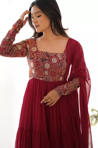 Maroon Color Faux Georgette Embroidery Work Gown