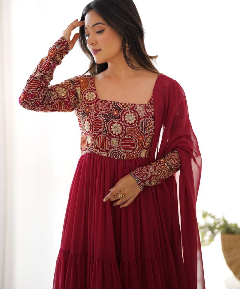 Maroon Color Faux Georgette Embroidery Work Gown 