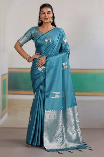 Blue new pure satin handloom weaving outfit     premium quality