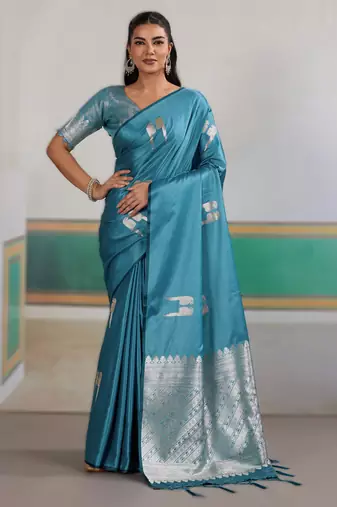Blue new pure satin handloom weaving outfit     premium quality