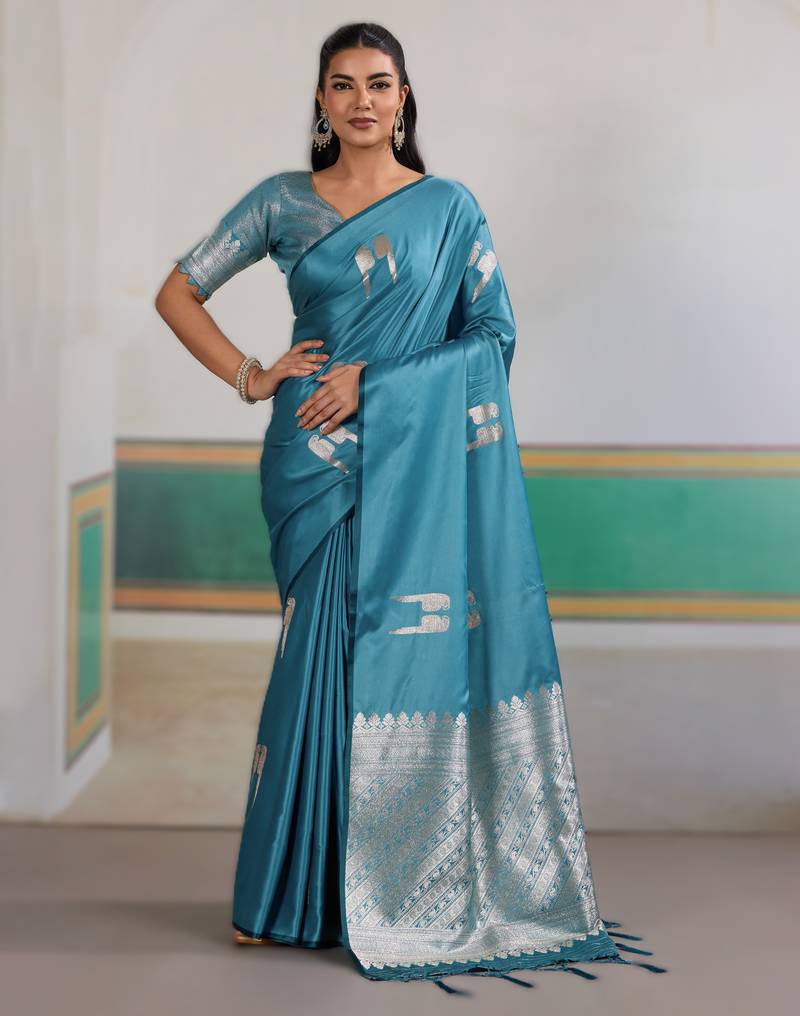 Blue new pure satin handloom weaving outfit     premium quality
