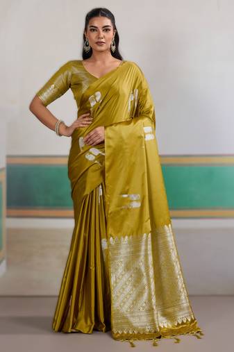 Mustard new pure satin handloom weaving outfit     premium quality