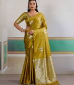 Mustard new pure satin handloom weaving outfit     premium quality