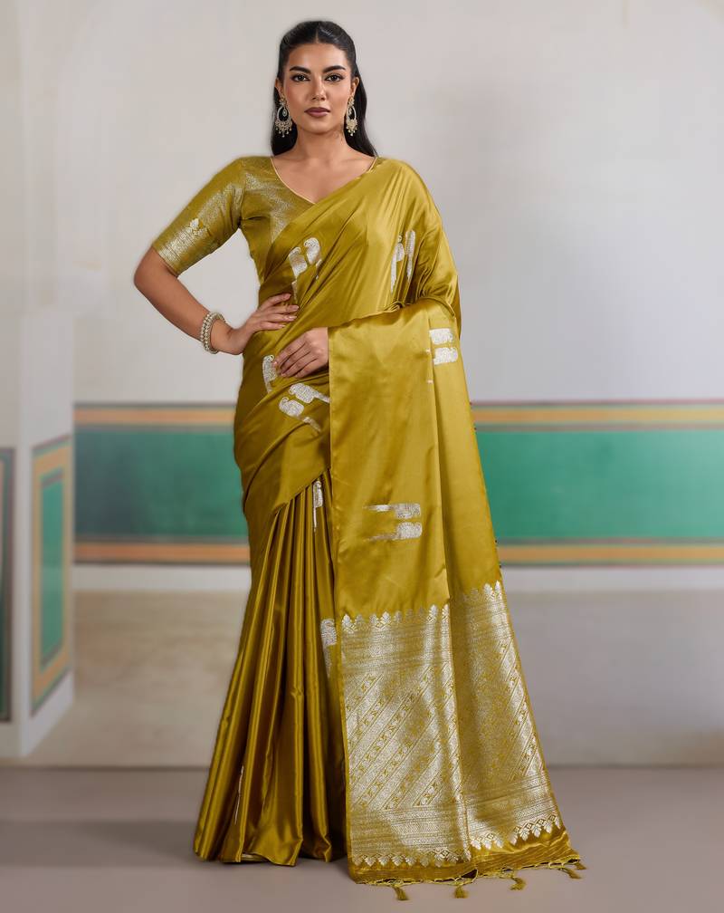 Mustard new pure satin handloom weaving outfit     premium quality