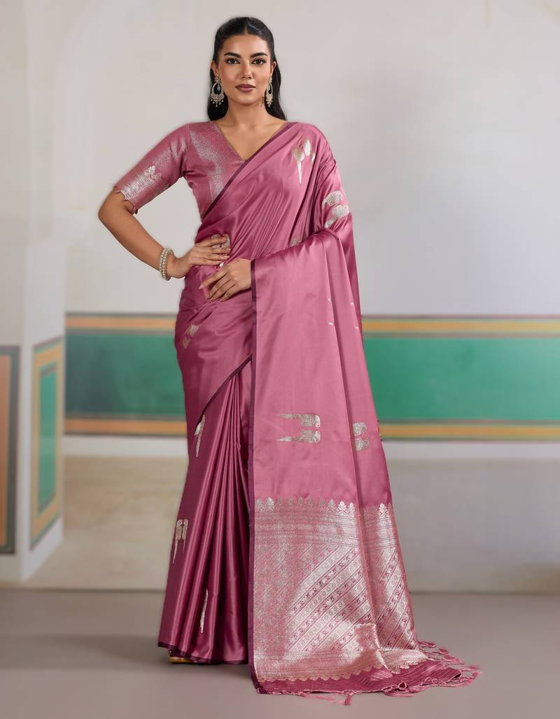 Pink new pure satin handloom weaving outfit     premium quality